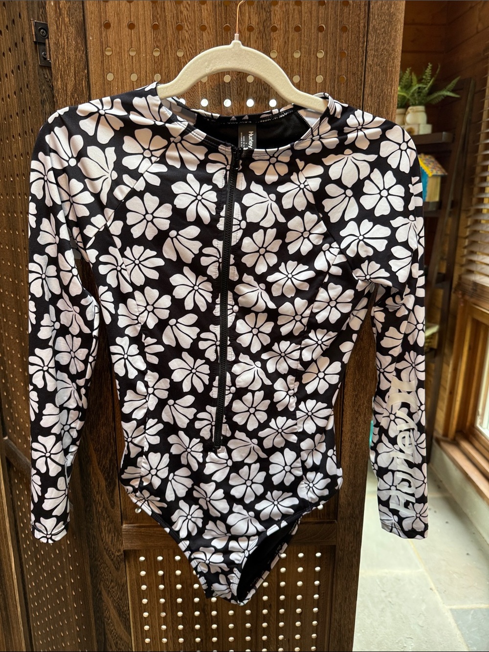 Hurley Black & White Floral Long-Sleeve One-Piece